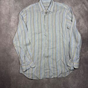 Figaret Sport Men L Striped 100% Linen Long Sleeve Button Up Shirt Blue Designer